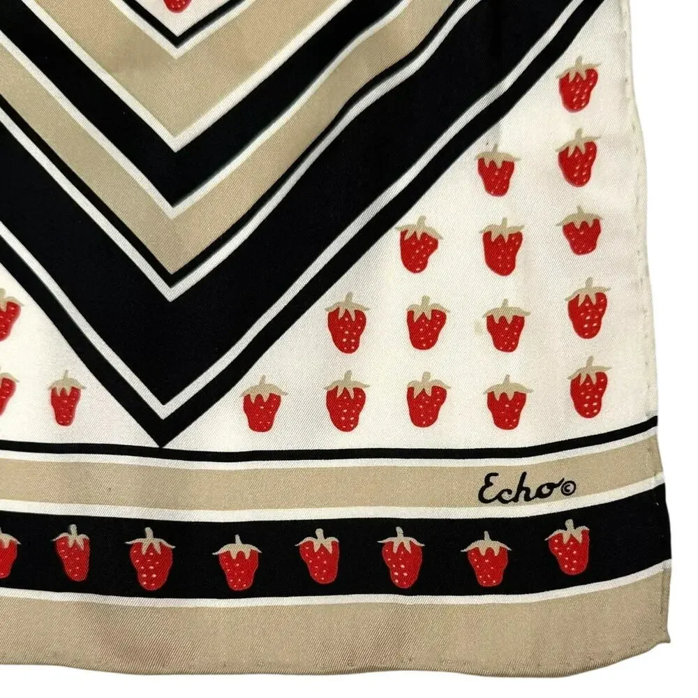 Vintage Echo Silk Scarf Oblong Strawberry Print Red Black Tan 1990s